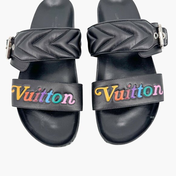 Louis Vuitton New Wave Bom Dia Slide Sandal Size 38 US 8 Black Rainbow Logo Mule - Picture 4 of 15